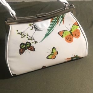 White and Green Butterfly Print Satchel
